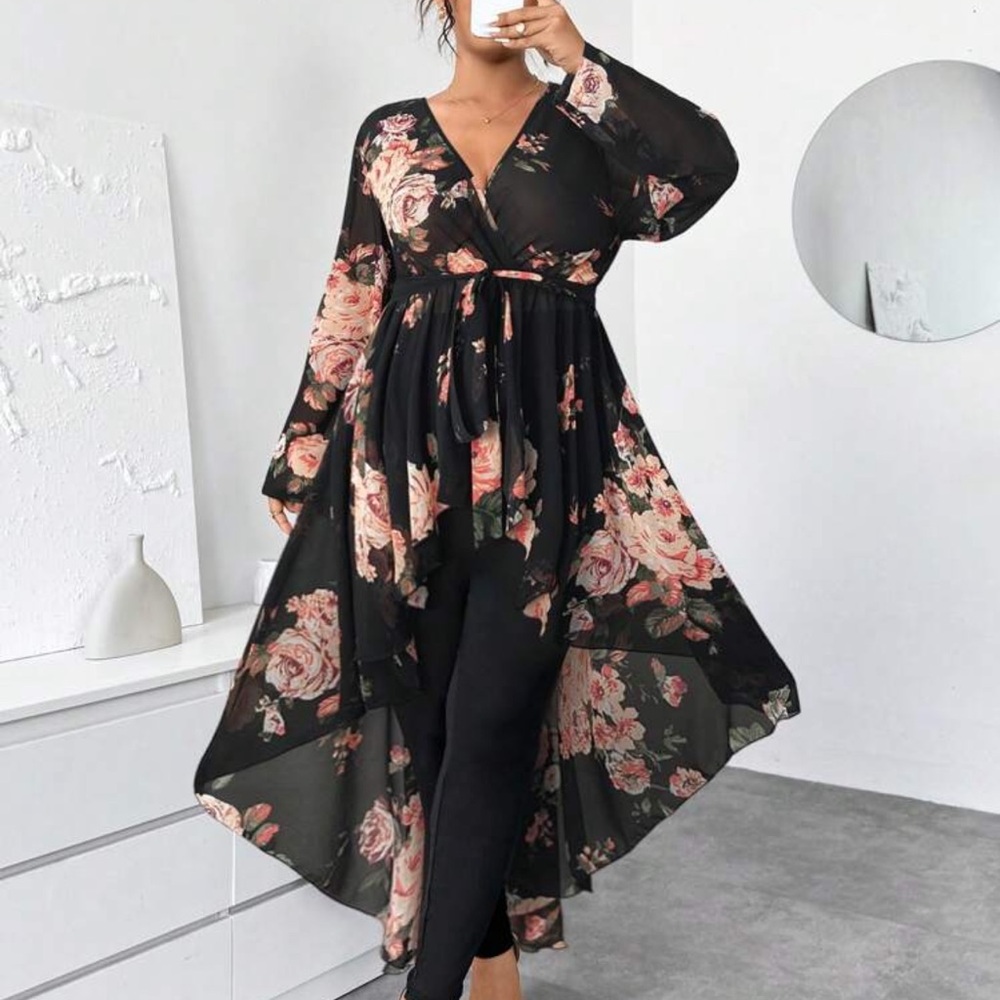 2pcs Set Elegant Black Background Large Floral Ch… - image 4